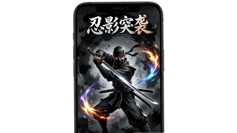 主体为一部竖屏智能手机,屏幕中央展示《忍影突袭》游戏主界面,背景为深色水墨风格,中央有一位手持武士刀的忍者角色,周围环绕着动态的技能特效光晕,手机边框为黑色,背景简洁纯白,风格为现代科技与国风结合,细节清晰,画质8K,干净无多余元素