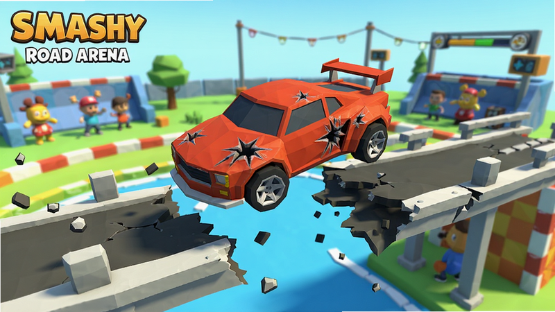 主体为Smashy Road Arena游戏主界面,布局清晰,中央展示一辆橙红色低多边形赛车正在飞跃断裂的桥梁,背景是明亮的卡通风格竞技场,排版简洁,风格为3D低多边形卡通渲染,细节丰富如车身损伤纹理和飞溅的碎片,画质高清,干净,无多余元素