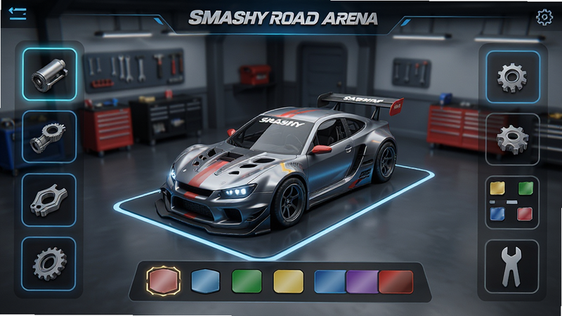 主体为Smashy Road Arena的车辆改装车间界面,布局整洁,中央展示一辆待改装的赛车,周围环绕着各种零件图标和颜色选项,风格为现代UI设计,细节包括发光的选中状态和清晰的图标,画质清晰,干净,无多余元素