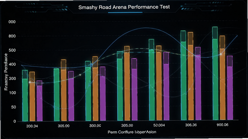 主体为Smashy Road Arena性能测试图表,布局为柱状图,展示不同配置手机下的帧率表现,风格为科技感数据可视化,细节包括清晰的坐标轴和标签,画质高清,干净,无多余元素