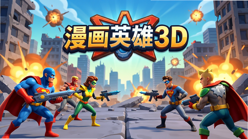 游戏主界面全景图,主体为“漫画英雄3D”标志,背景是充满动感的3D城市废墟战场,前景展示多位漫画风格英雄角色持械对峙,色调鲜艳明快,布局均衡,排版清晰,卡通渲染风格,细节丰富,画质4K,干净无多余元素