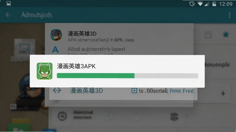 安卓手机安装界面示意图,主体为“漫画英雄3D”APK安装进度条,背景为安卓系统设置弹窗,允许安装未知来源,布局简洁,风格为系统UI,细节清晰,画质高清,干净
