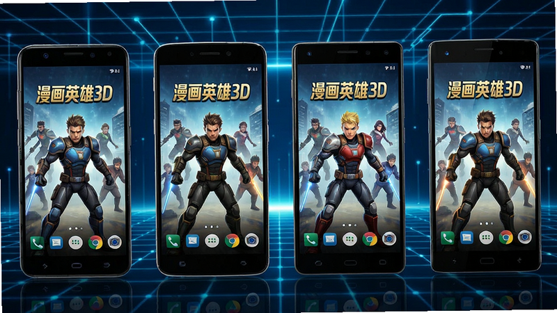 多款安卓手机对比展示图,主体为不同品牌的智能手机,屏幕显示“漫画英雄3D”运行画面,背景为科技风网格,布局整齐,风格为产品评测图,细节丰富,画质清晰,干净