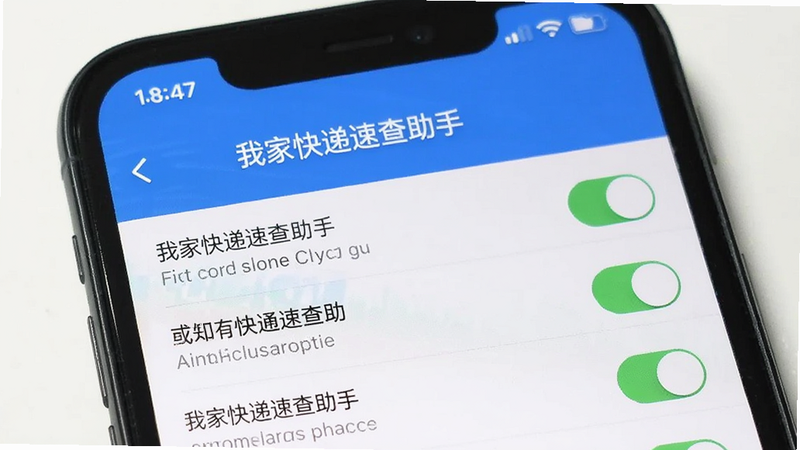 主体为手机设置界面,显示“我家快递速查助手”权限管理页,布局列表式,排版清晰,风格系统原生,细节包含开关按钮和权限文字,画质清晰,干净,无多余元素