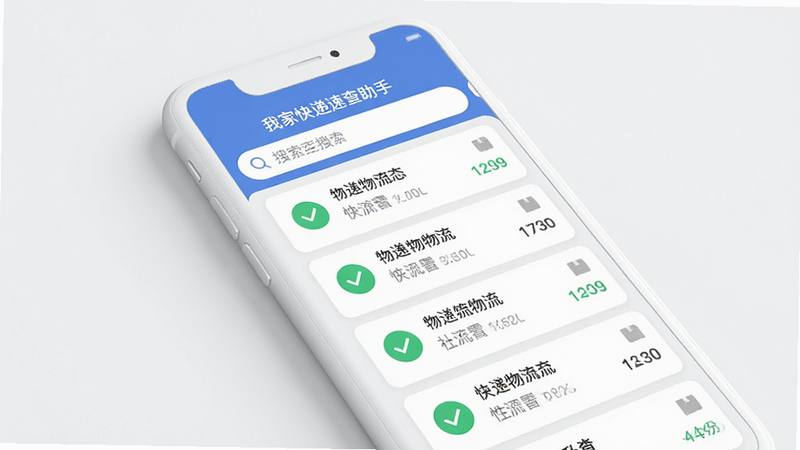 主体为一部白色智能手机屏幕,显示“我家快递速查助手”APP界面,布局清晰,顶部为搜索栏,中部列出多条快递物流状态卡片,排版整齐,风格现代简约,细节包含绿色对勾图标和灰色文字,画质高清,干净,无多余元素