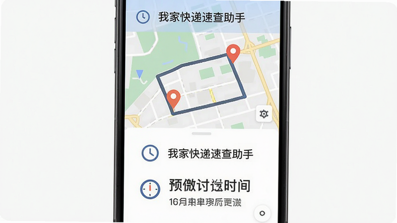 主体为手机屏幕,显示“我家快递速查助手”的预测时间模块,布局上下结构,上部为地图轨迹示意图,下部为具体时间预测文字,排版紧凑,风格扁平化,细节包含时钟图标和地点标记,画质高,干净,无多余元素