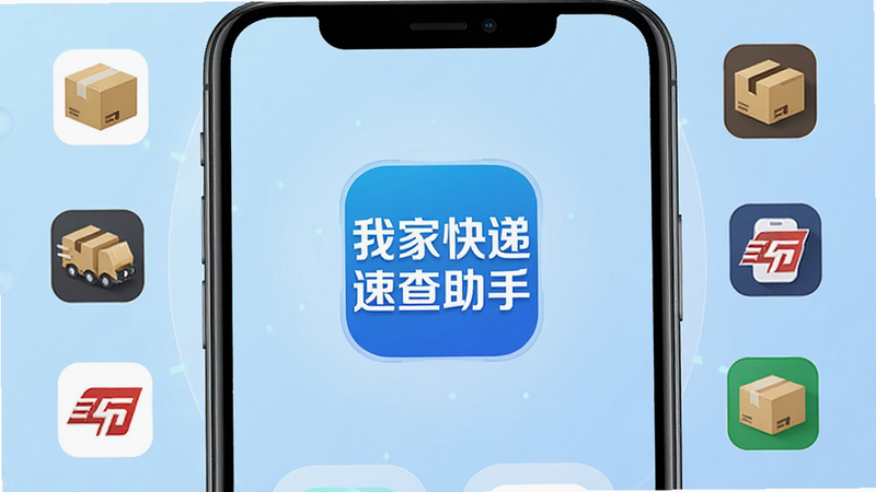 主体为手机界面特写,屏幕中央显示“我家快递速查助手”Logo,背景为浅蓝色渐变,布局对称,排版简洁,风格科技感,细节包含多个快递公司图标环绕中心,画质清晰,干净,无多余元素