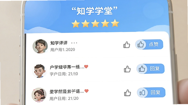 չʾ֪ѧѧ��APP���û����۽��棬����Ϊ�������ֺ������б������ְ���ͷ������ڣ��Ű�������������棬ϸ����ʾ�������ͻظ���ť��������ͣ��ɾ�������'�û�����'������
