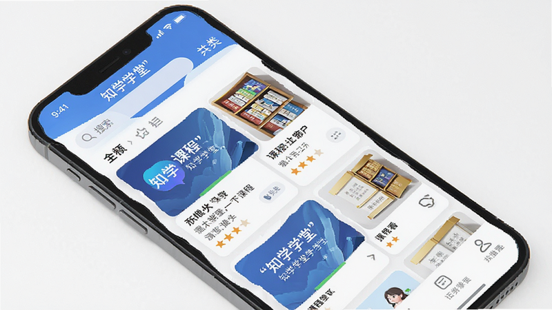չʾ֪ѧѧ��APP��ҳ���棬����Ϊ�ֻ���Ļ��ʾ�γ��б��������������Ű����룬����ִ���Լ��ϸ�ڰ����������ͷ���ͼ�꣬���ʸ��壬�ɾ��޶���Ԫ�أ�����'֪ѧѧ��'������