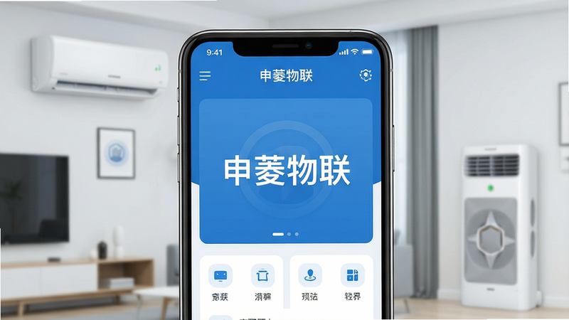 一张展示智能手机屏幕的高清渲染图,屏幕中央显示着“申菱物联”APP的界面,背景为现代智能家居场景,包含智能空调和新风机具,界面风格简约科技蓝,主体清晰,布局整洁,排版扁平化,细节丰富,画质4k,干净无多余元素