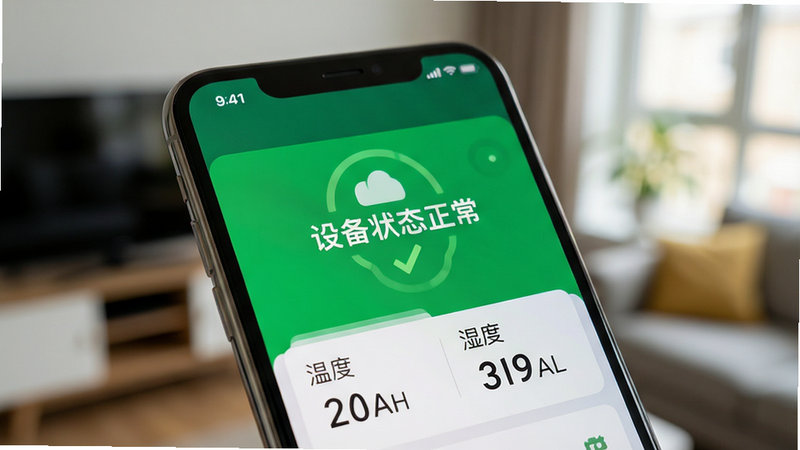 一张展示手机APP界面的特写,界面上显示“设备状态正常”的绿色标识,下方列出温度、湿度数值,背景为模糊的室内环境,强调数据可视化和安全提示,主体为手机屏幕,布局紧凑,排版清晰,风格专业可靠,细节丰富,画质4k,干净无多余元素