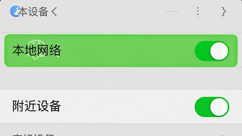 一张展示手机设置界面的截图,高亮显示“本地网络”和“附近设备”权限开关,背景为浅灰色,文字清晰,主体为权限设置列表,布局垂直排列,排版简洁,风格系统原生,细节明确,画质高清,干净无多余元素