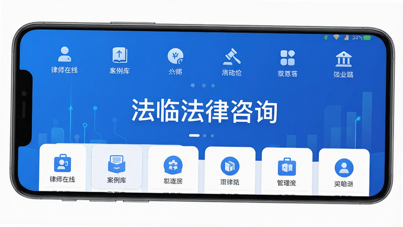 主体为法临法律咨询安卓应用界面全景图,布局清晰展示首页功能模块,包含“律师在线”、“案例库”等图标,排版简洁现代,风格为扁平化商务UI,细节处体现蓝色科技色调,画质高清,干净无多余元素,文字“法临法律咨询”居中显示