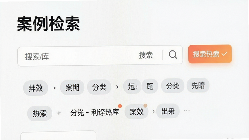 主体为案例库搜索界面,布局展示搜索框及分类标签,排版逻辑清晰,风格简约高效,细节体现搜索热度标识,画质精细,干净界面,文字“案例检索”醒目