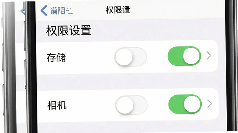 主体为手机设置权限界面示意图,布局展示权限开关列表,排版清晰易读,风格系统原生UI,细节突出“存储”和“相机”权限开启状态,画质清晰,干净背景,文字“权限设置”标题可见