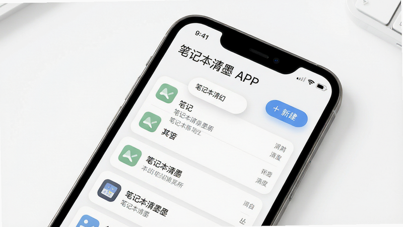 ����Ϊ�����ֻ���Ļ��д����ʾ���ʼǱ���ī��APP���棬����Ϊ�����ɫ����������չʾ�ʼ��б����½���ť���Ű��������򣬷��Ϊ�ִ���ƽ����ƣ�ϸ�ڰ��������Ӱ��Բ��ͼ�꣬���ʸ��壬�ɾ����޶���Ԫ�أ����֡��ʼǱ���ī�������ɼ�