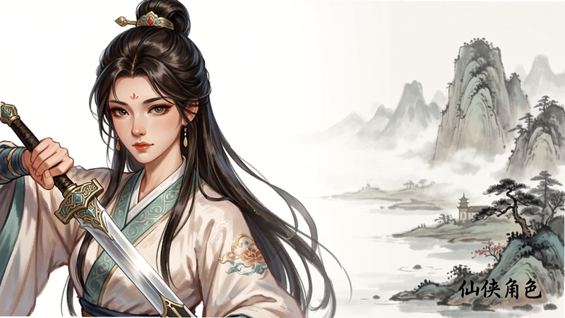 主体为蜀山幻想志角色立绘展示,布局为横向卷轴式构图,左侧是手持仙剑的女性角色特写,右侧是山水背景,排版留白适中,风格为精致的手绘国风插画,细节表现衣褶纹理、发丝光泽、山水墨韵,画质超清,干净背景,无水印,文字标注