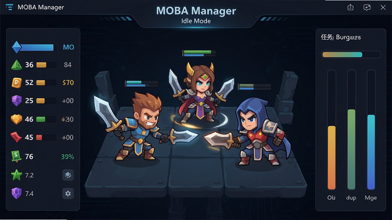 主体为MOBA Manager软件主界面,布局采用深色科技风背景,中央显示三个卡通风格英雄角色正在自动战斗,左侧有资源数值面板,右侧有任务进度条,排版整洁清晰,扁平化设计风格,细节处有微弱的光效点缀,画质高清,干净无多余元素,文字内容包含