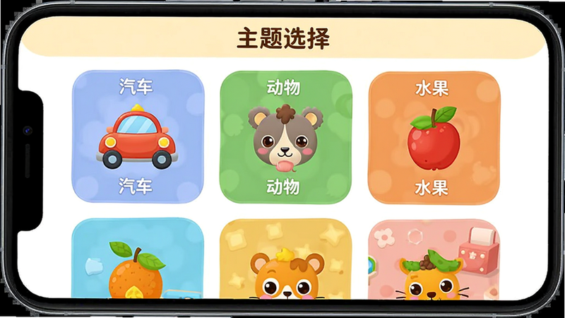 主体为手机屏幕截图,展示贝乐虎拼图的图库界面,分为“汽车”、“动物”、“水果”等分类卡片,卡片内有对应的卡通图标,布局整齐,风格活泼可爱,细节丰富,画质高清,干净,无多余元素,文字“主题选择”