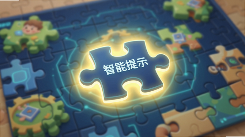 主体为拼图游戏界面,一块缺失的拼图块周围发出柔和的黄色光晕,表示提示功能激活,背景是模糊的拼图全貌,风格为科技感与卡通结合,细节清晰,画质精致,干净,无多余元素,文字“智能提示”