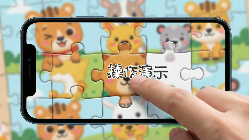 主体为手机屏幕,展示拼图操作过程,手指正在拖动一块拼图到正确位置,背景是卡通动物拼图,风格写实与卡通结合,细节清晰,画质高清,干净,无多余元素,文字“操作演示”