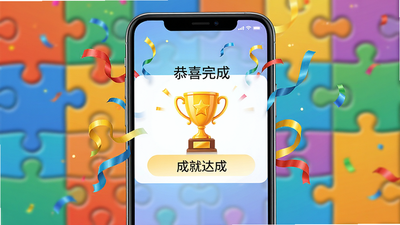 主体为手机屏幕,显示“恭喜完成”的弹窗,中间是一个金色的奖杯图标,周围有彩带飞舞的动画效果,背景是模糊的拼图画面,风格喜庆热烈,细节生动,画质明亮,干净,无多余元素,文字“成就达成”