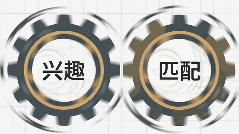 主体为两个齿轮啮合,齿轮中心分别是“兴趣”和“匹配”字样,背景为浅灰色网格,风格扁平化设计,细节展现齿轮转动动态,高清画质,布局对称,无杂乱元素