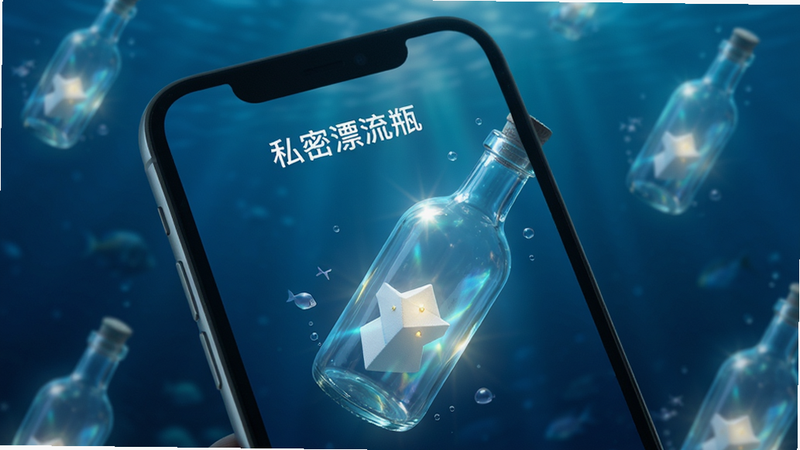 主体为手机屏幕特写,显示“私密漂流瓶”应用界面,背景为深海蓝色调,漂浮着几个发光的玻璃瓶,界面简洁现代,排版清晰,风格清新梦幻,细节展现瓶身光影折射,高清画质,干净无多余元素,文字包含“私密漂流瓶”
