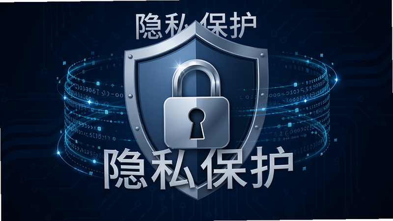 主体为盾牌图标与锁头组合,周围环绕着数据流线条,背景为深蓝色科技风,文字“隐私保护”居中显示,风格极简主义,细节展现锁孔光泽,高清画质,无多余装饰