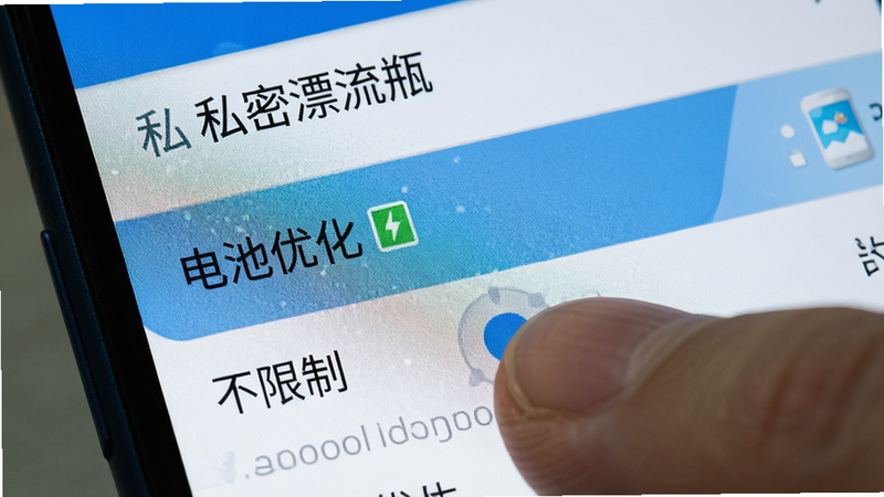 主体为手机设置界面特写,高亮显示“电池优化”选项,手指正在点击“不限制”,背景为安卓系统原生风格,文字“私密漂流瓶”清晰可见,风格写实,细节展现屏幕像素感,高清画质,无其他干扰元素