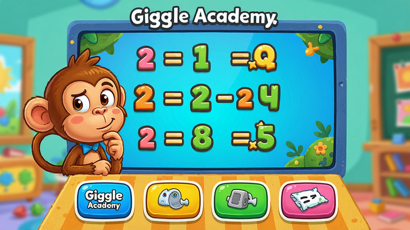 主体展示Giggle Academy内的数学游戏界面,布局为中央大屏显示算式,底部有四个选项按钮,风格为高饱和度卡通风,细节显示一个猴子角色在思考,画质清晰,无水印,无多余装饰
