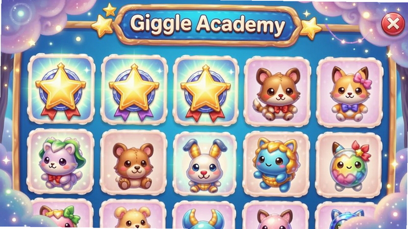 主体为Giggle Academy的奖励商店界面,布局为网格状排列各类虚拟奖品,风格为梦幻童话风,细节展示发光的星星徽章和可爱的动物玩偶,画质明亮,色彩鲜艳,无模糊边缘
