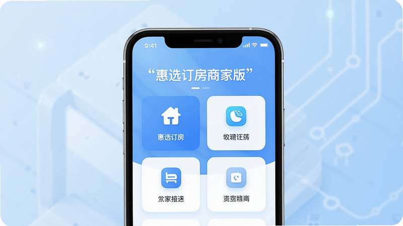 主体为惠选订房商家版APP的手机界面展示,布局采用居中构图,背景为柔和的浅蓝色科技渐变,手机屏幕清晰显示“惠选订房商家版”字样及核心功能图标,排版整洁有序,风格现代简约,细节处体现光影质感,画质高清锐利,干净无多余元素,文字“惠选订房商家版”加引号
