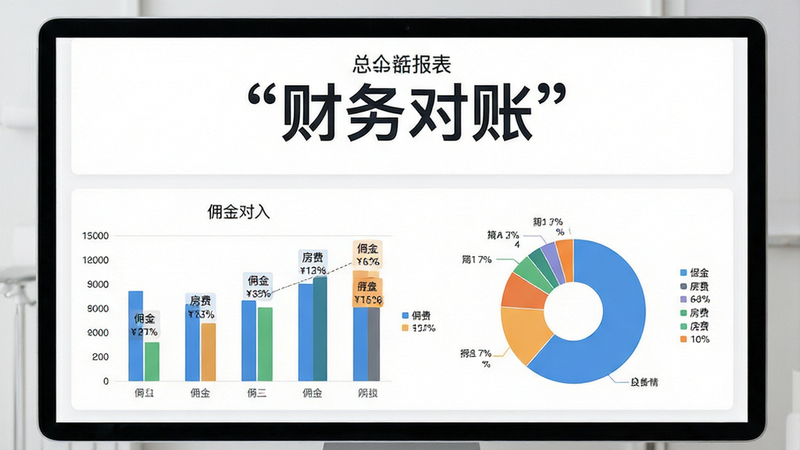 主体为财务数据报表界面,布局为上下结构,上方为总收入大数字展示,下方为柱状图与饼图组合,排版美观直观,风格数据可视化,细节处包含“佣金”、“房费”等分类标签,画质高保真,干净简洁,文字“财务对账”加引号