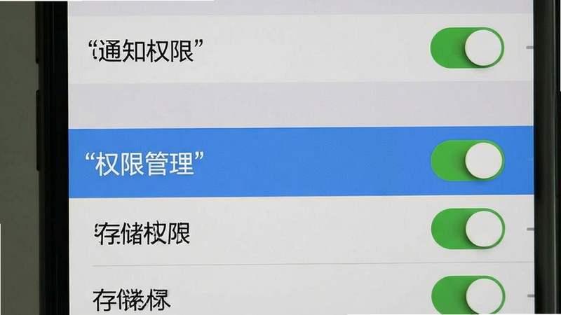 主体为手机设置界面截图,布局为垂直列表,高亮显示“权限管理”选项,排版简洁清晰,风格系统原生UI,细节处包含“通知权限”、“存储权限”等开关状态,画质清晰,干净无水印,文字“权限管理”加引号