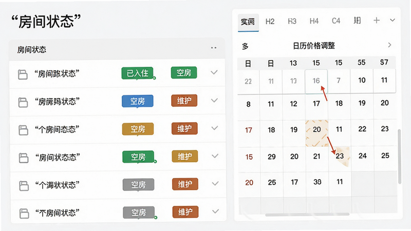 主体为酒店房间管理界面示意图,布局为左右分栏结构,左侧显示房间列表状态,右侧为日历价格调整面板,排版清晰逻辑性强,风格商务专业,细节处包含“已入住”、“空房”、“维护”等状态标签,画质清晰,干净无干扰,文字“房间状态”加引号