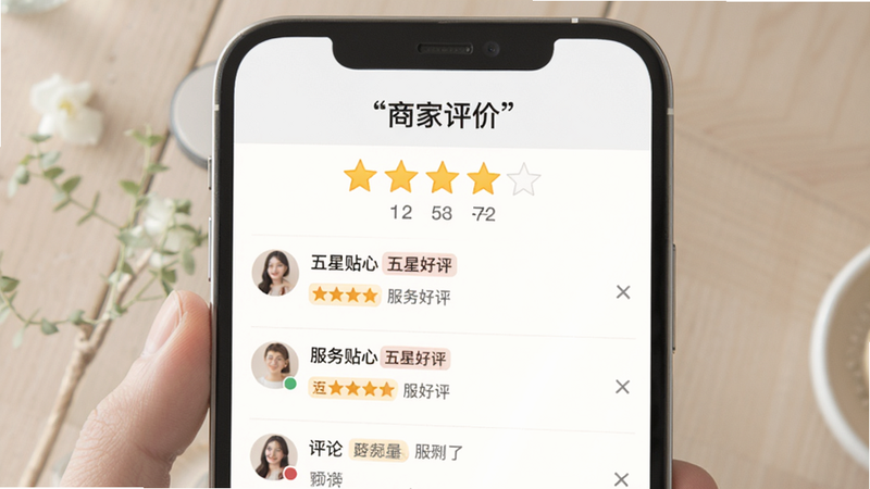 主体为商家评价界面,布局为星级评分与评论列表,排版整齐,风格用户反馈,细节处包含“五星好评”、“服务贴心”等标签,画质柔和,干净无杂乱,文字“商家评价”加引号