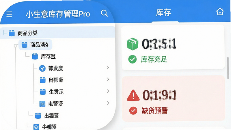 主体为小生意库存管理Pro的安卓应用图标及核心界面预览,布局采用左右分栏结构,左侧展示商品分类树状图,右侧显示库存数量与预警状态,排版清晰有序,风格为现代扁平化商务蓝白色调,细节包含清晰的数字字体与直观的图标,画质高清,干净,无多余元素,文字内容包含