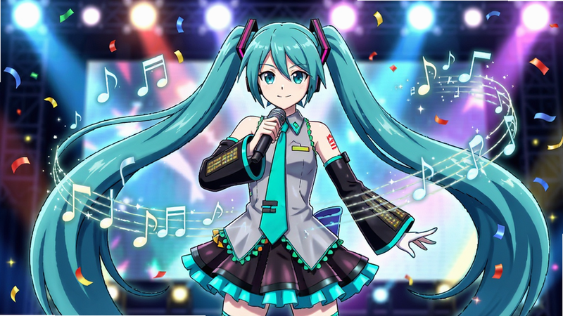 主体为初音未来身穿 Wonderlands×Showtime 舞台服装,手持麦克风,背景是炫目的演唱会灯光与飘落的彩带,布局采用中心构图,角色占据画面主体,周围环绕着悬浮的音符特效,排版清晰,风格为日系动漫赛璐璐风格,细节丰富,发丝与裙摆动态感强,画质 8K 超清,干净,无多余元素