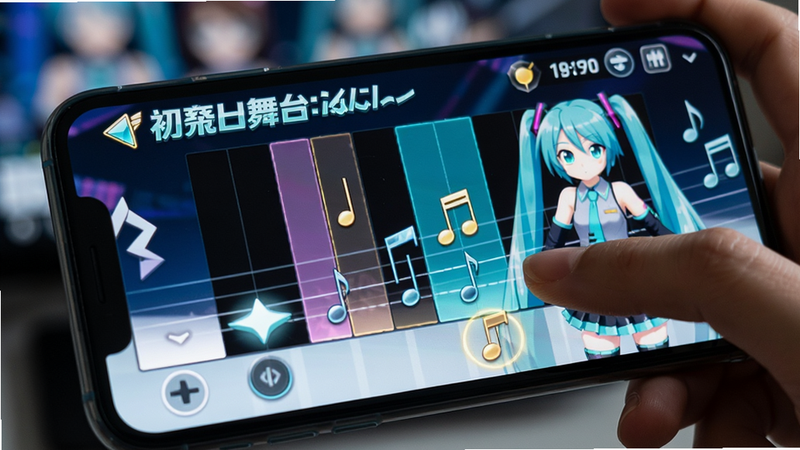 主体为手机屏幕特写,显示《初音未来:缤纷舞台》的游戏主界面,手指正在点击屏幕进行演奏,背景虚化,布局聚焦于手部操作与屏幕交互,风格写实摄影,细节清晰展现屏幕上的音符与角色动画,画质高清,干净,无多余元素