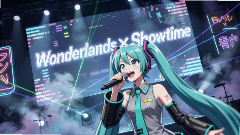 主体为初音未来在舞台上演唱的特写,背景是巨大的全息投影屏幕显示着“Wonderlands×Showtime”字样,布局为对角线构图,突出动感,风格为科幻动漫风,细节包括舞台烟雾、激光束和闪烁的霓虹灯牌,画质极高,色彩鲜艳,无杂物