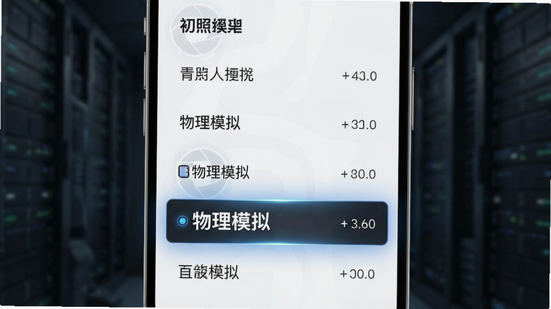 主体是初照APP的功能列表界面,高亮显示'物理模拟'选项,布局垂直排列,风格极简科技风,细节展现光圈数值,画质清晰,干净,无多余元素,文字'物理模拟'加粗