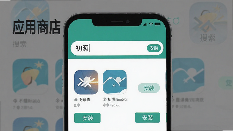 主体是应用商店的搜索界面,搜索栏输入'初照',布局标准UI,风格扁平化,细节展示应用图标和'安装'按钮,画质高,干净,无多余元素,文字'应用商店'背景