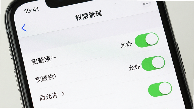 主体是手机设置界面,显示初照APP的权限管理页面,布局列表式,风格系统原生风,细节展示'允许'开关状态,画质清晰,干净,无多余元素,文字'权限管理'顶部