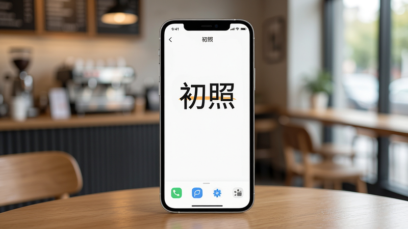 主体为一部现代智能手机,屏幕显示初照APP界面,背景为模糊的咖啡馆场景,布局简洁,手机居中,风格清新写实,细节丰富,画质高清,干净,无多余元素,文字'初照'清晰可见