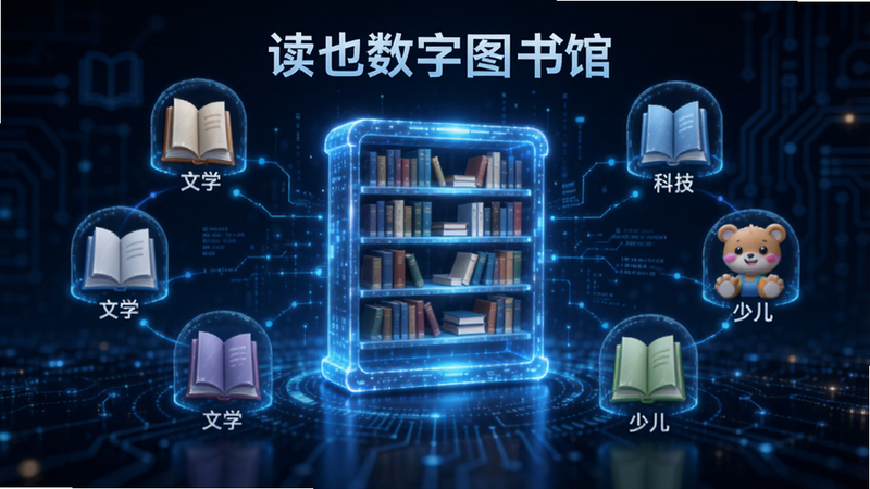 以“读也数字图书馆”为主题的概念图,画面中心是一个发光的数字书架,周围环绕着各种书籍图标,如“文学”、“科技”、“少儿”,背景为深蓝色科技风,体现资源丰富,构图平衡,高清晰度