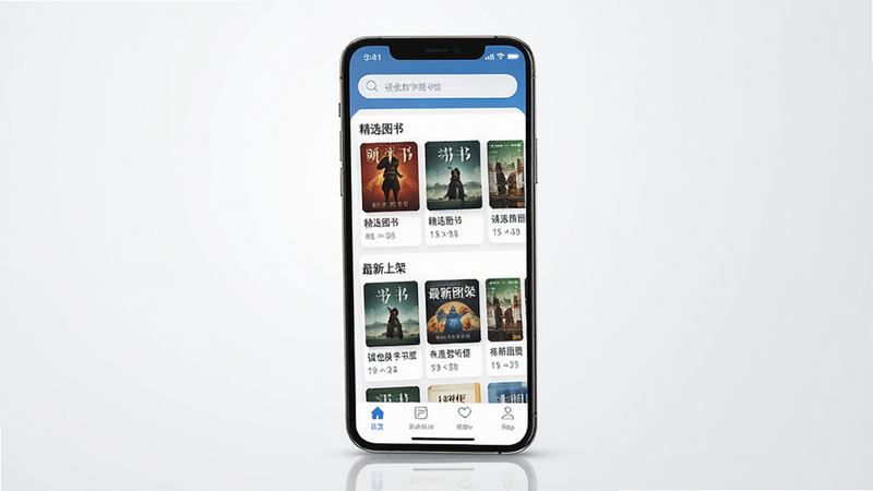 一张展示“读也数字图书馆”App手机界面截图的图片,主体为一部现代智能手机,屏幕清晰显示App首页,顶部有搜索栏,中间展示“精选图书”、“最新上架”等分类卡片,底部有导航栏,背景为干净的浅灰色渐变,风格简约现代,高清,无多余元素