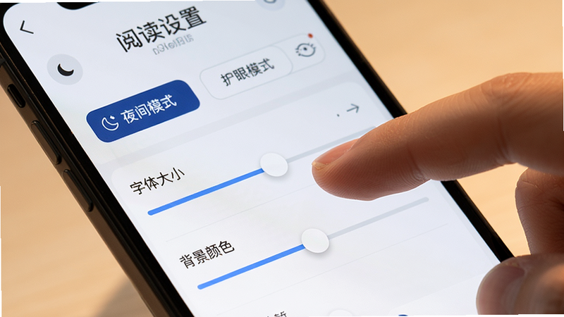 展示“读也数字图书馆”阅读设置界面的手机屏幕特写,手指正在调节“字体大小”和“背景颜色”滑块,界面清晰显示“夜间模式”、“护眼模式”选项,光线柔和,细节丰富,真实感强