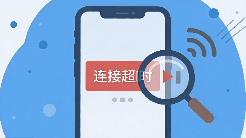 一张模拟手机屏幕出现错误提示的插画,屏幕中央显示“连接超时”,旁边有一个放大镜图标正在检查网络信号,背景为简洁的蓝色调,风格扁平化,清晰易懂,无杂乱元素