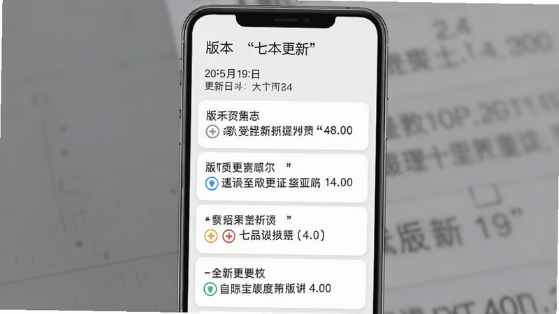 七品网APP版本更新日志界面图,主体为更新内容列表,布局垂直滚动,排版清晰易读,风格简约现代,细节显示版本号日期和更新条目,画质高清,文字内容用引号标注“版本更新”,无广告干扰